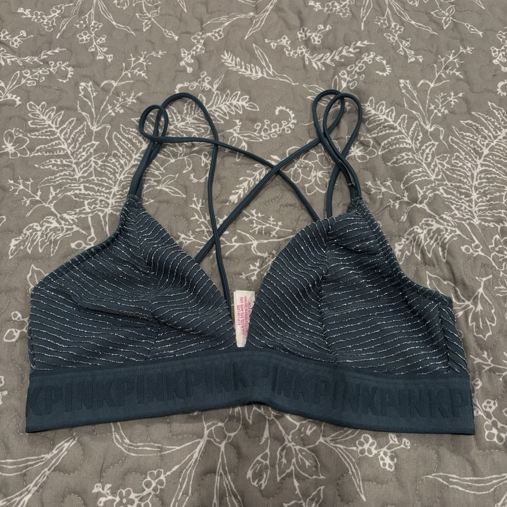 Victoria's Secret PINK Blue Bra Silver Metallic Stripe Triangle Strappy Small